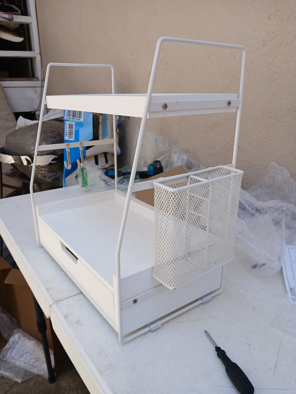 White Metal Desk Organizer with Drawer and Pen Cup